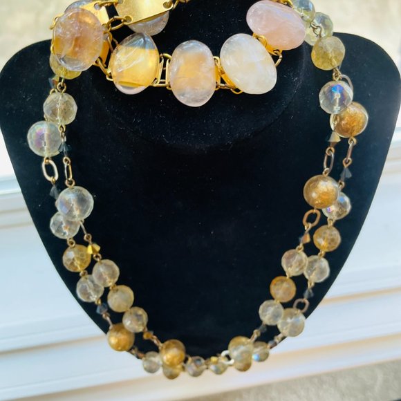 2  VNT ITEMS gold foiled uranium glass bead necklace & Rose Quarts Pink Bracelet - Picture 7 of 8